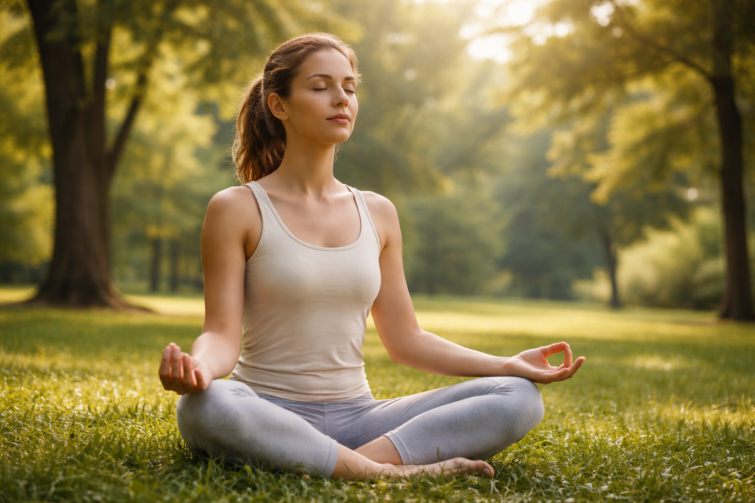 Člověk při klidném dechovém cvičení v parku