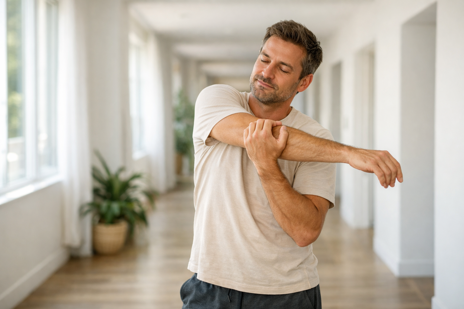 Muž při jemném protahování v klidné chodbě